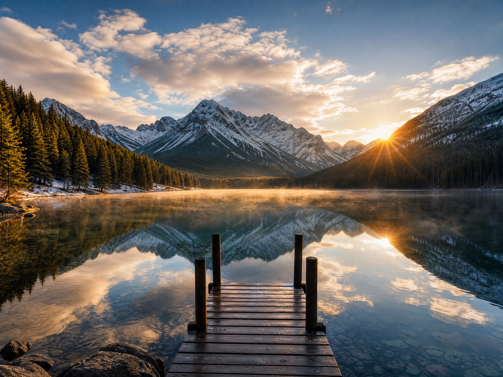 misty alpine lake at sunrise